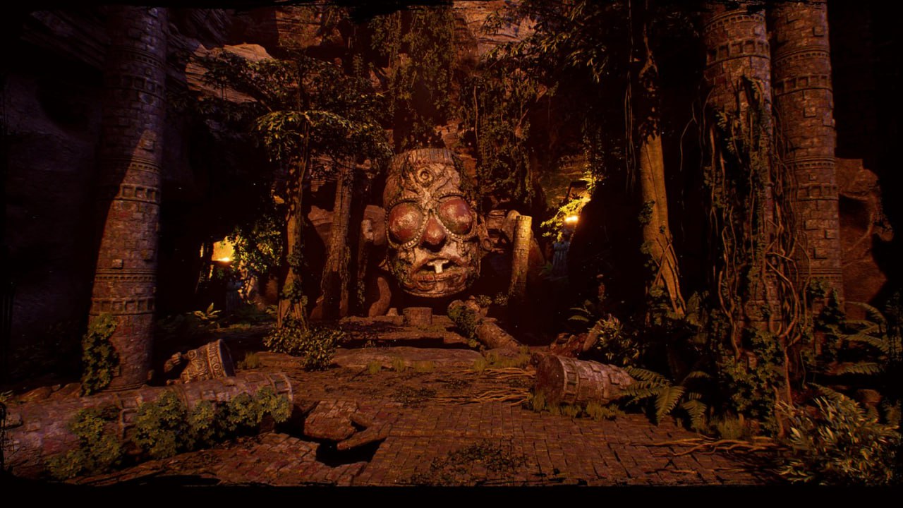 Temple idol stone face in ruined jungle environment