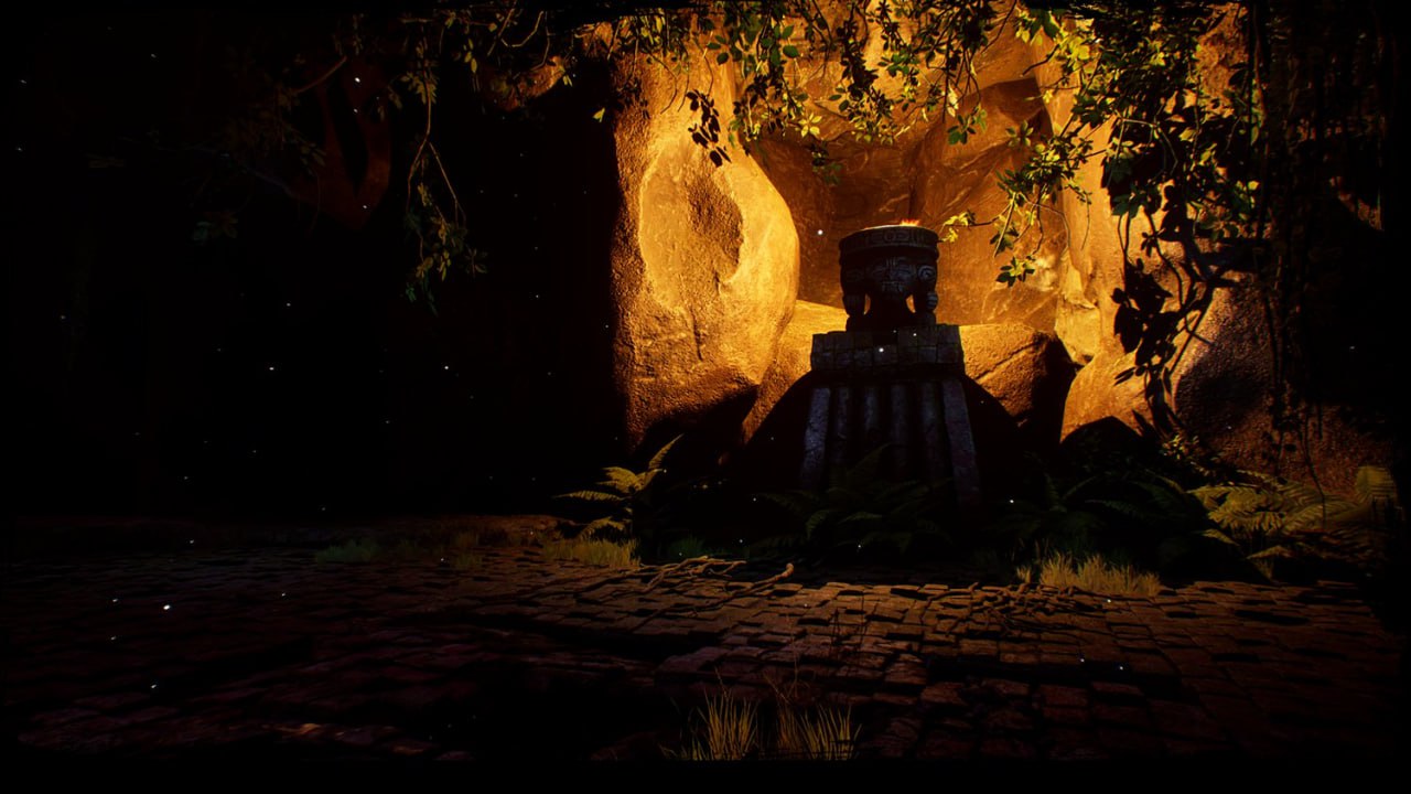 Overgrown temple interior with crumbling brick columns